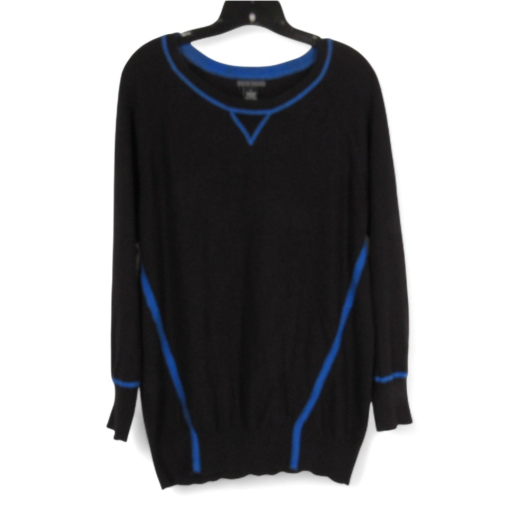 LAUREN HANSEN Black w/Blue Trim CASHMERE BLEND Ribbed Hem KNIT SWEATER Sz L